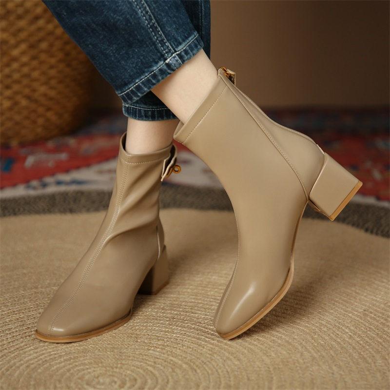 ショートブーツ レディース チャンキーヒール 着痩せ えレゲント シンプル 太ヒール レザー 快適 売れ筋