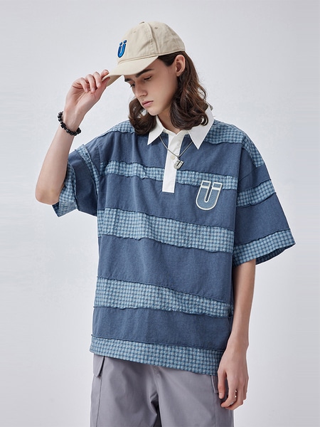 フォグブルー チェック柄半袖ポロシャツ
