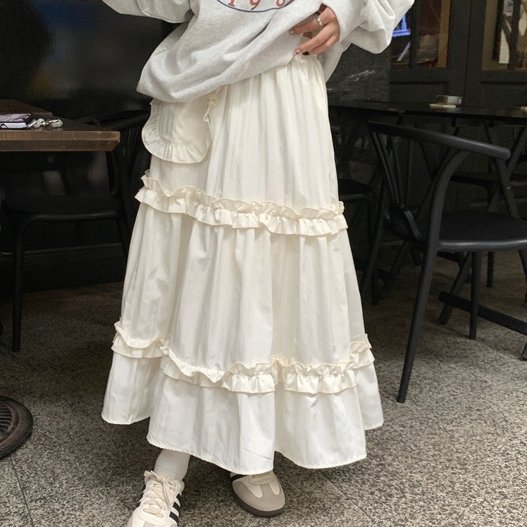 レイヤードケーキスカート ロングスカート スカート ロング丈 Aライン プリーツ フリル ハイウエスト ルーズ 韓国 レディース かわいい 可愛い 大人可愛い 大人女子 シンプル きれいめ