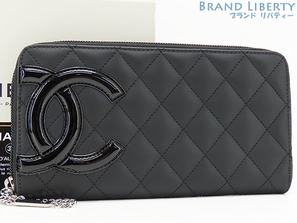 新古品シャネルカンボンラインココマークラウンドファスナー長財布ブラックブラックエナメルピンクカーフスキンA50078
