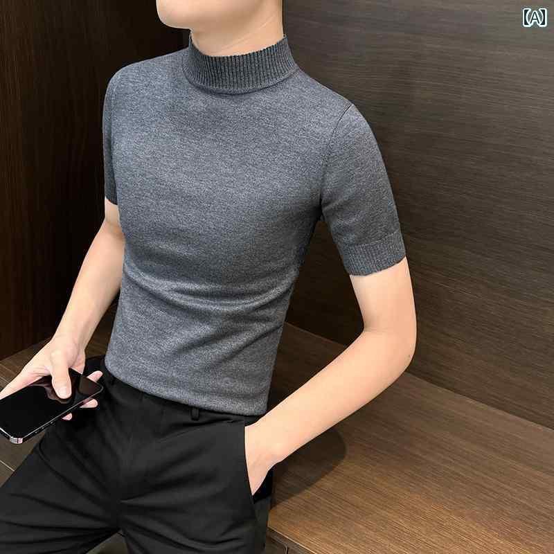 トップス シャツ メンズ ハーフ タートルネックセーター 半袖 秋 韓国 スリムフィット ハイエンド ミッド カラー ニット レイヤリング