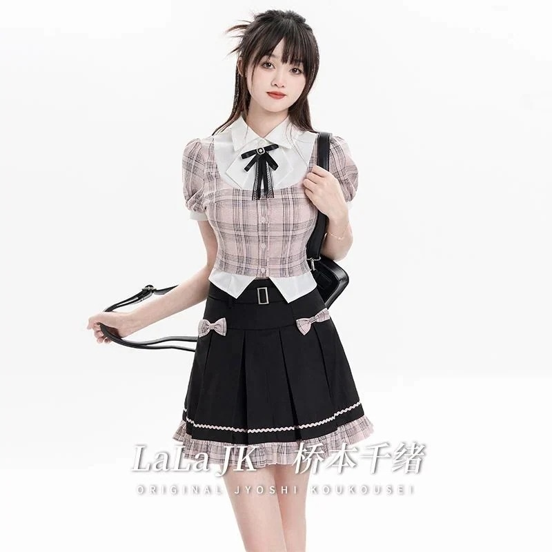 カレッジスタイルフェイク2ピースヴィンテージチェック柄シャツプチプリーツスカートセット コスプレ コスプレ セクシー ワンピース 韓国 ワンピース ドレス ロングワンピースワンピース ドレス ワンピー