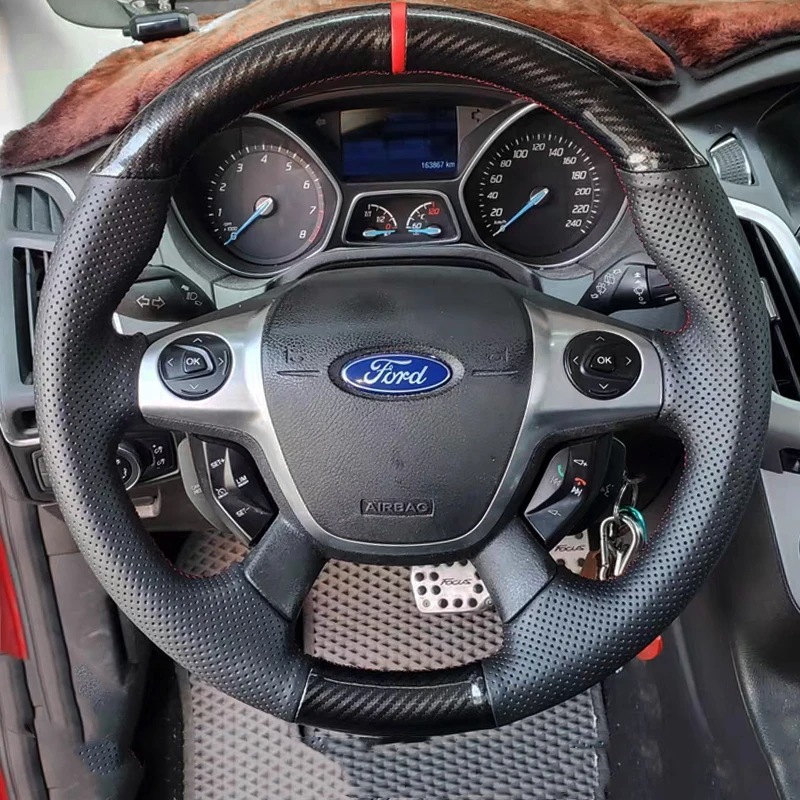 車のステアリングホイールカバー,カーボンファイバー,フォードフォーカス用,3 2012 C-MAX 2011 2013クーガ,エスケープ2016-,ステアリングホイールカバー