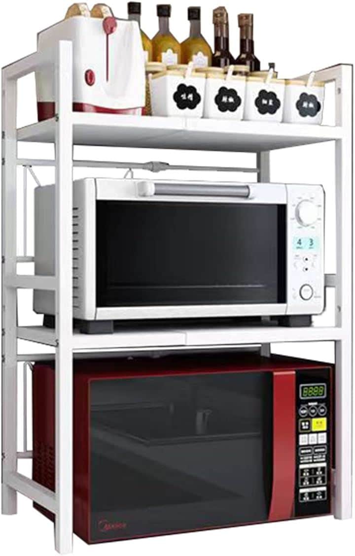 レンジ上ラック スチールラック 幅 42-64cm伸縮式 荷重30kg レンジ台 キッチン収納棚 棚板高さ調節可能 二層式 79x42x36(ホワイト, 79x42x36)