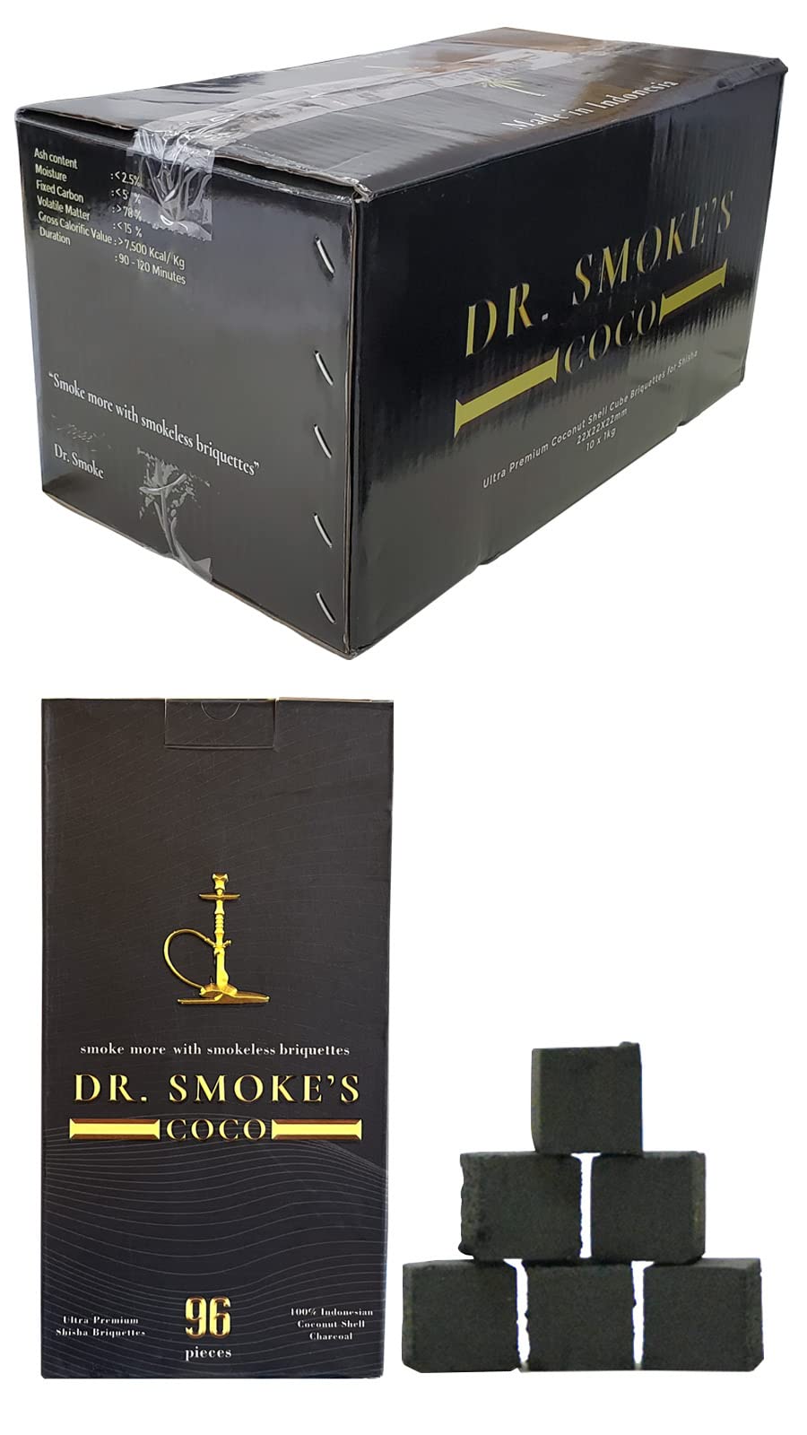 Dr. Smokes シーシャ 炭 1kg ココナッツ 100% グレードS インドネシア産 ナチュラルチャコール ナチュラル 匂わない 持ち運び 炭 フーカー 水たばこ (10kg（1kg96個×1