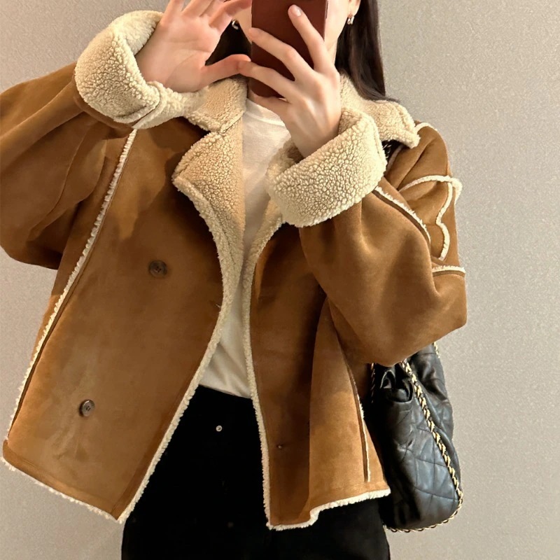 ブレザー襟長袖100着ピュアカ今週の割引は 25% オフですラースエードラム毛一体ショートジャケット機関車ジャケット女