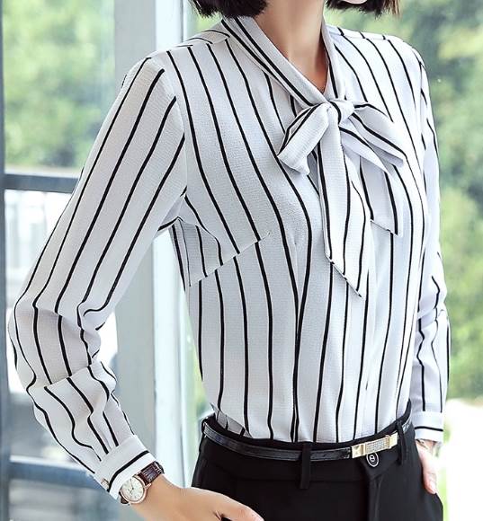 レディース トップス シャツ 長袖 袖ボタン 襟なし ボウタイ ストレート スマート シフォン