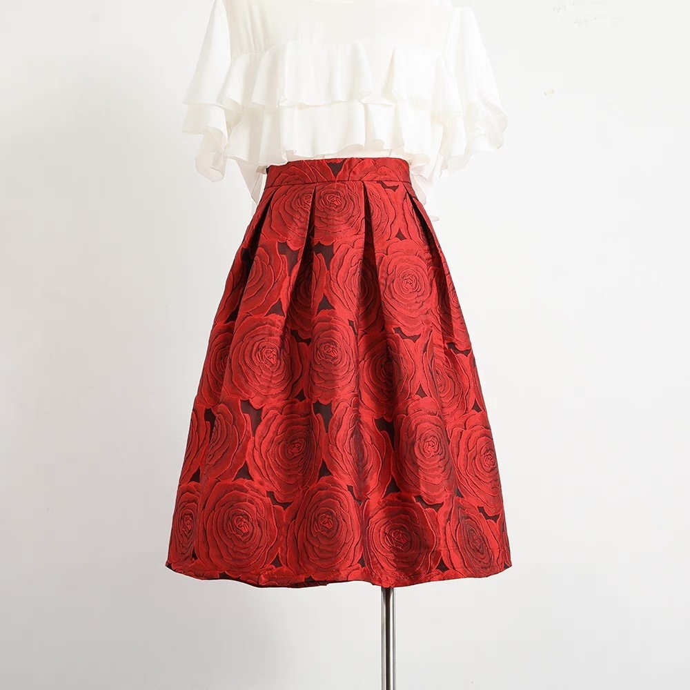 Aライン フラワースカート ミドル丈スカート パフスカート アンブレラスカート ハイウエスト 春 秋 冬 a2435