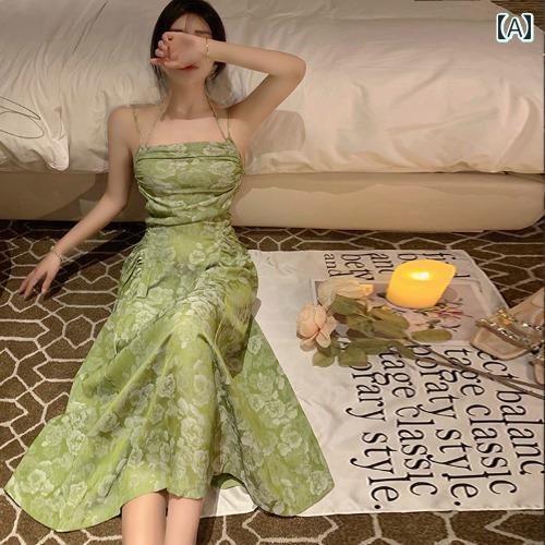 ワンピース レディース 大人 リゾート フランス レトロ 緑 花柄 バックレス 休日 サスペンダー ドレス フェアリー 海辺 ビーチ ロング ドレス 夏 女性