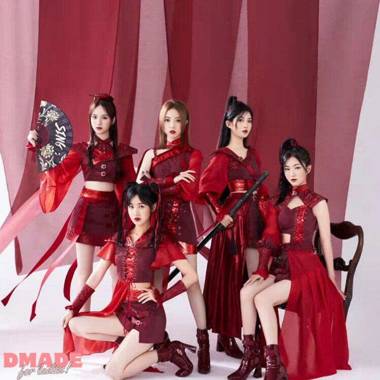 速達!ダンス衣装 セットアップ 大人 レディース 中華風 赤 レッド 上下 トップス スカート セクシー アイドル 衣装 チャイナ風 DS演出服 ステージ衣装 jazz 舞台服 派手 おしゃれ 社交ダ