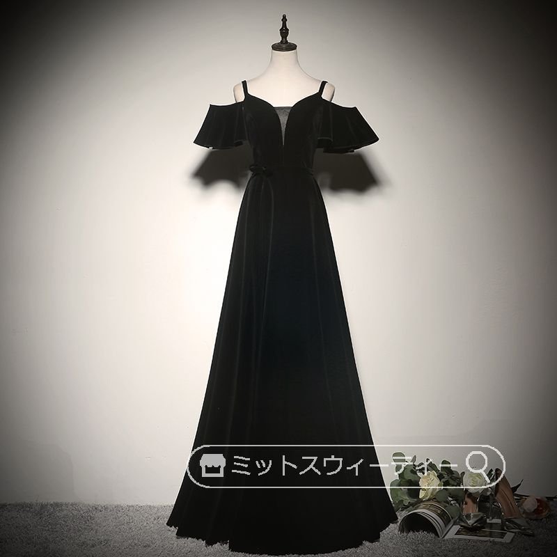 Aラインドレス カラードレス 舞台 声楽 イブニングドレス 黒 ブラック ロングドレス 演奏会 コン