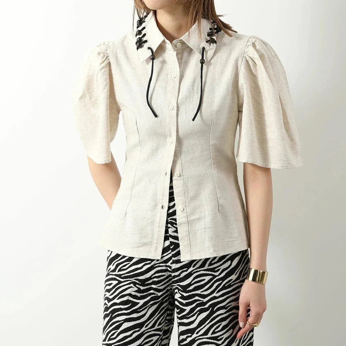 GHOSPELL ゴスペル 半袖 シャツ Frankie Bead Trim Shirt レディース リネン コットン 五分袖 ビーズ Peatled-Crea