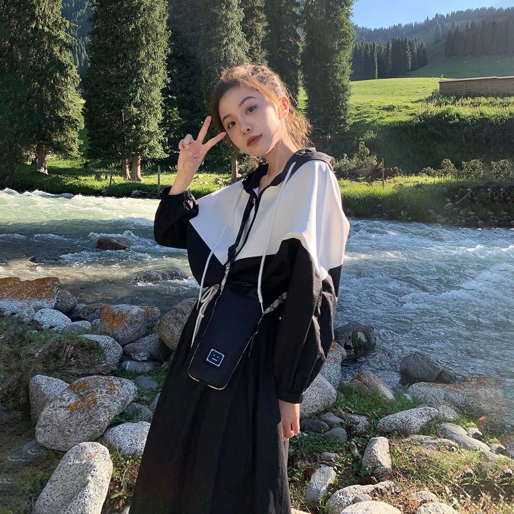 韓国ファッションコントラストカラーロングワンピース春秋長袖ワンピースウエスト引き締め着痩せスウェットワンピース