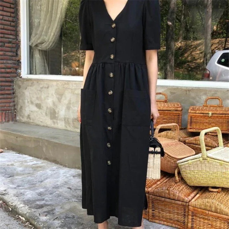 作/シングルブレスト/ワンピース/2025/夏/ゆったり/半袖/Vネック/ロング/シャツドレスカップ付きインナー