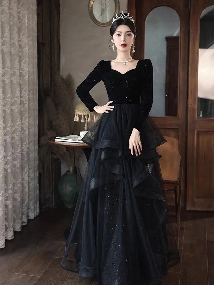 黒のイブニングドレスエレガントな宴会長袖ベルベットホスト