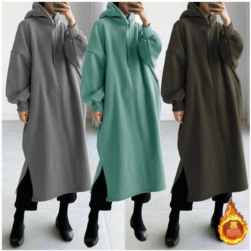 ワンピースレディース秋冬秋服ロング丈裏起毛パーカーワンピースミモレ丈フード付け長袖無地ロングワンピース