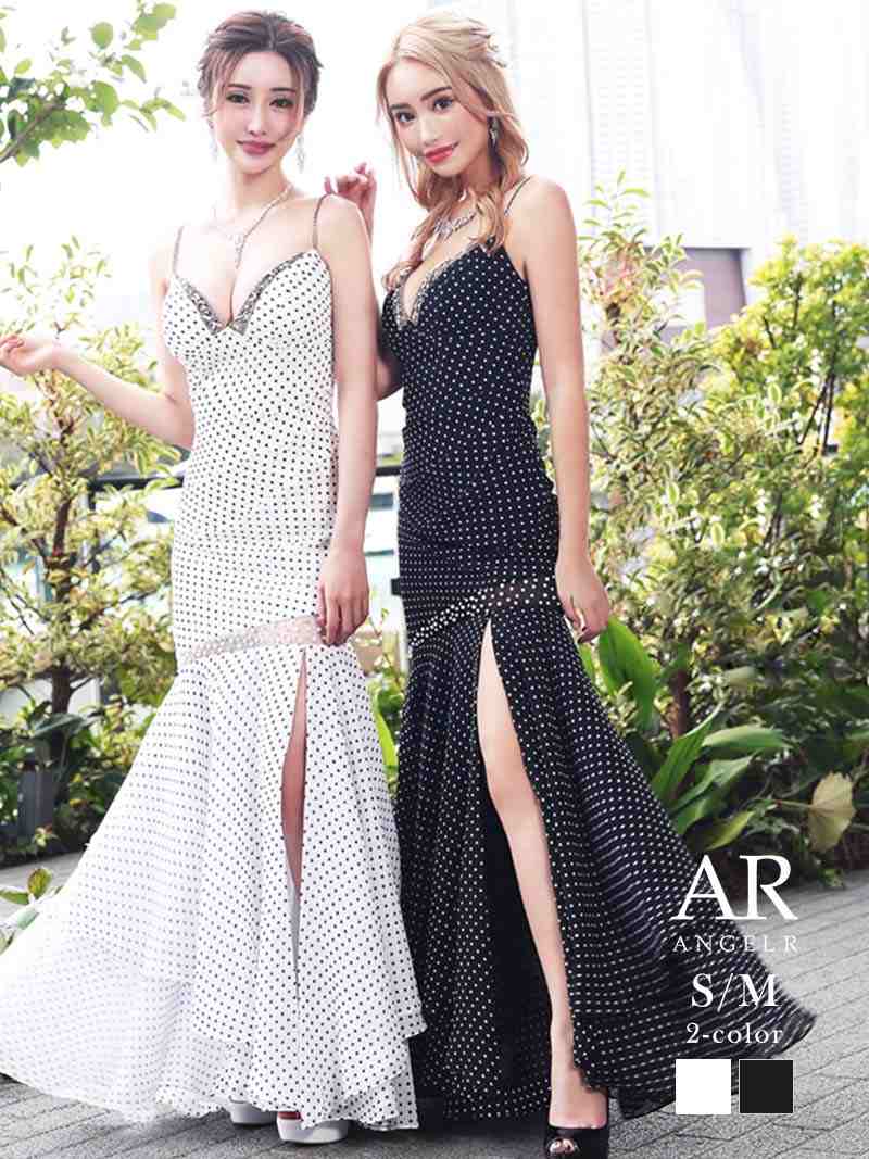 ドット 水玉 ロング フリル キャミソール ブランドドレス かわいい 体型カバー キャバ嬢 ビジュー AngelRドレス エンジェルアール
