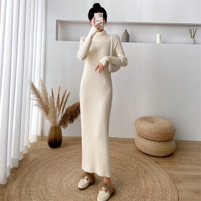 ワンピース ニットワンピース ロング丈 長袖 Vネック タートルネック タイト ストレート リブ ニット かわいい 大人可愛い きれいめ シンプル カジュアル 大人 上品 おしゃれ かっこいい