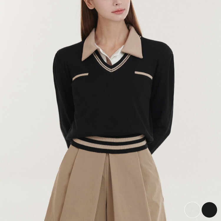 ゴルフウェア ニット レディース 韓国 トップス 配色 プルオーバー トップス ライン Vネック