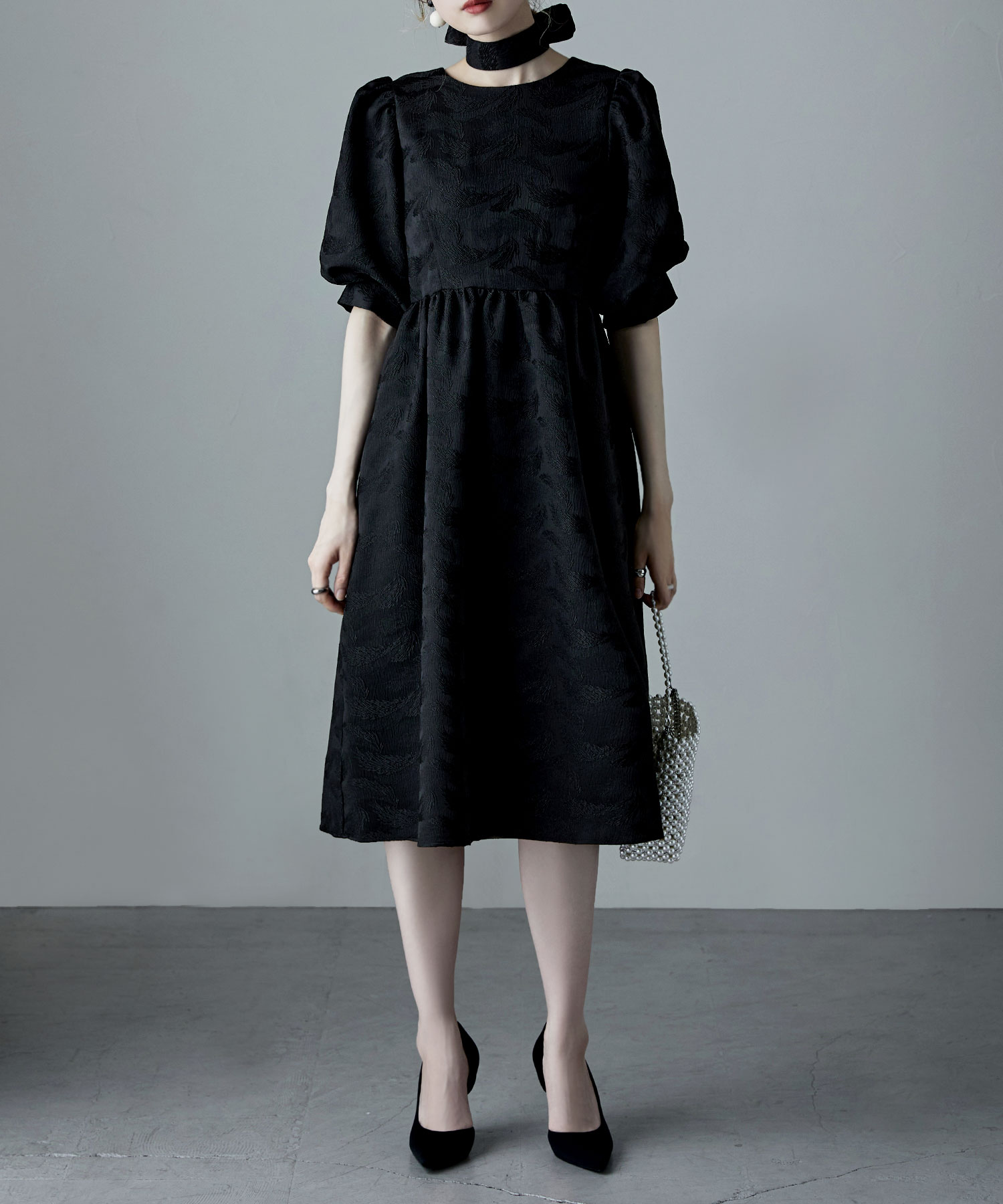 ジャガードパフスリーブドレス ワンピ ワンピース ドレス 半袖 五分袖 オケージョン ジャカード ミニワンピ 膝丈 結婚式 二次会 女子会 パーティー 12,874円