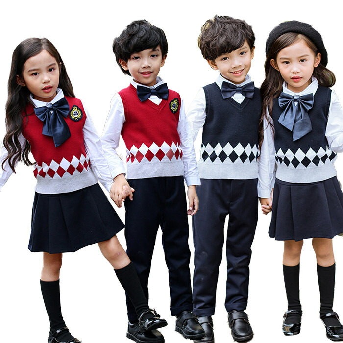 セーラー服 5点セット 「ベスト+白いシャツ+ズボン/スカート+蝶結び+ワッペン」春秋服 男の子 女の子 フォーマル スーツ 卒業式 入学式 小学生 スーツ 学生服 コスチューム フォーマルスカート卒
