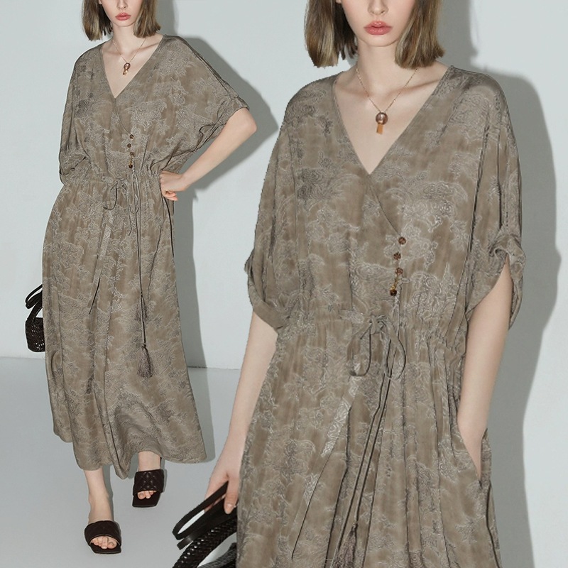 【大人可愛いフレアワンピース】ロング丈Aライン ワンピース バットウィングスリーブ　24630