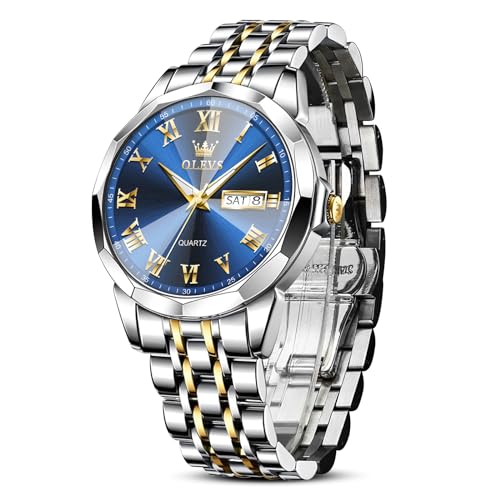 OLEVS 腕時計 メンズ 人気 防水 アナログ腕時計 Mens Watch オシャレ男性用ビジネスウオッチ 日付 青い文字盤 ファッション アナログクオーツ ゴールドホワイト ステンレスバンド かっ