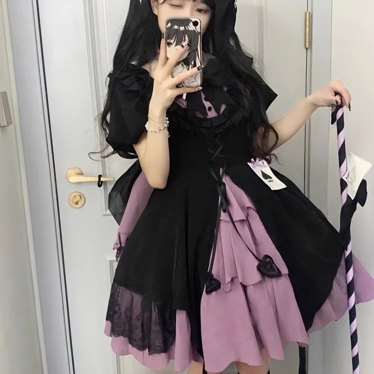 高貴で上品なお嬢様ロリータ 黒紫 女性 夏 重工業 Pロリータ お姫様スカート