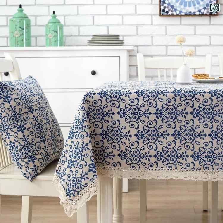 テーブルクロス エスニック 布 綿 リネン 机 デスク キッチン リビング ホームパーティー カバー おしゃれ インテリア レトロ 中国風 レース 幾何学模様 青 白 グレー