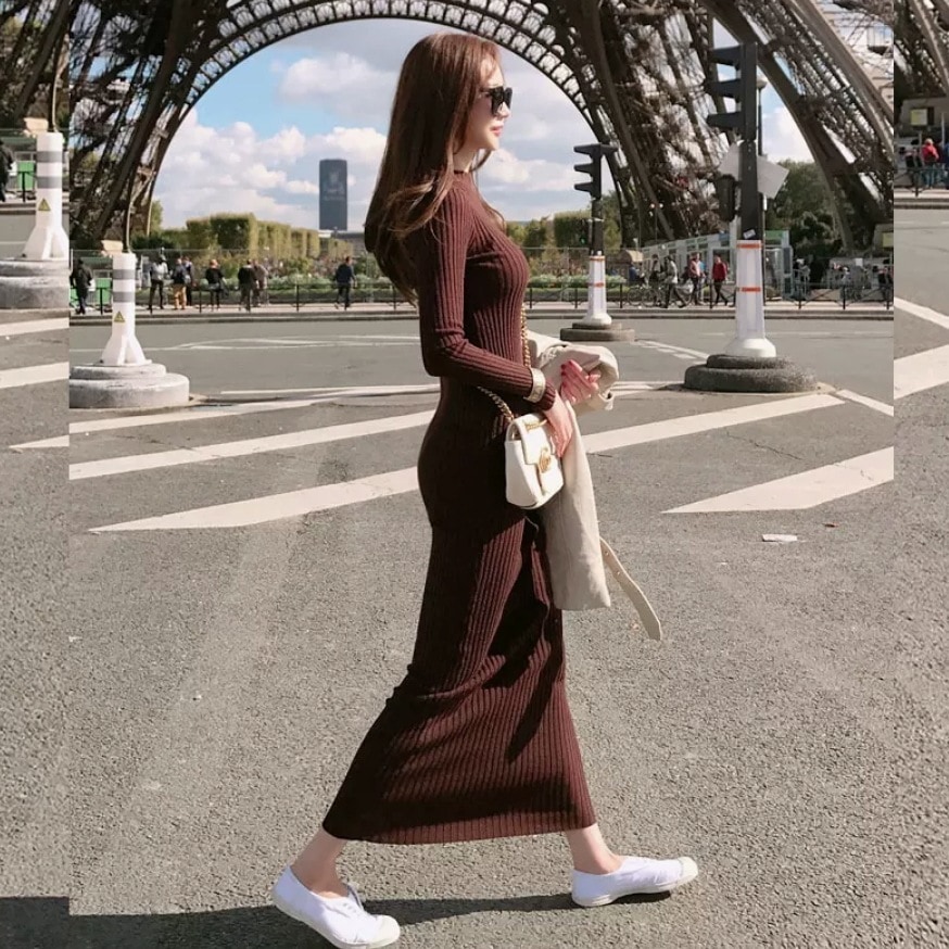 ワンピース デート ニットソー ロング ロング丈 袖あり 長袖 スリム タイト 細身 かわいい 大人可愛い きれいめ シンプル カジュアル 大人 上品 おしゃれ お洒落 かっこいい 大人女子 こなれ感
