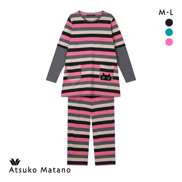 ワコール マタノアツコ ルームウェア 長袖パジャマ 上下セット マルチボーダー ねこ 綿100％ W