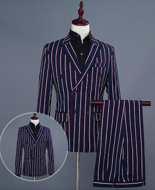 【TIME HOLDER】ダブルボタンメンズスーツセット　上下2点セット　タキシードジャケット+パンツ　ストライプ柄　紳士服　年会舞台演出スーツ　司会者　撮影衣装　結婚式　二次会　カラオケジャケット