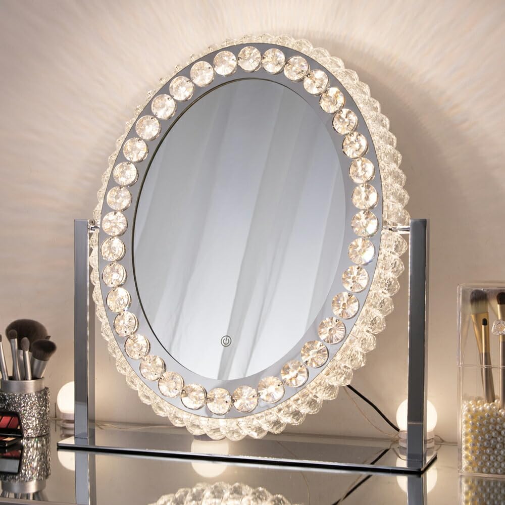 Chende 女優ミラー おしゃれ クリスタル 三色 無段階調光 LEDライト付き 角度調整 ドレッサー デスクトップ フィルライト ハリウッドミラー 化粧鏡 女優鏡 卓上ミラー スタンドミラー (幅