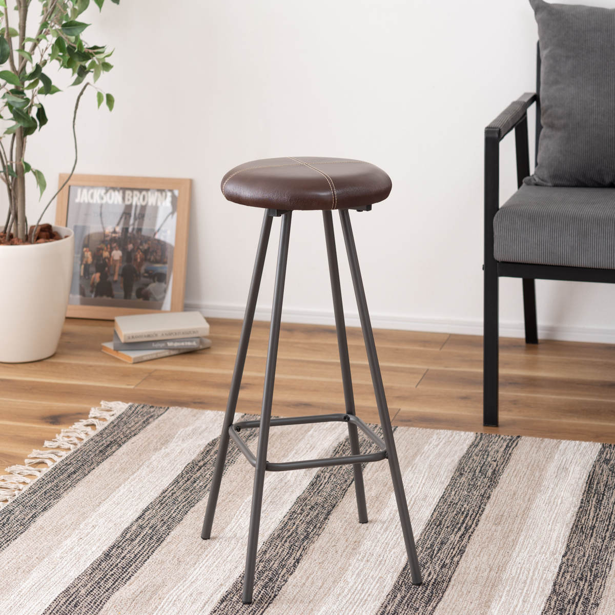 スツール 高さ65cm ハイタイプ 座面丸型 レザー ハイスツール カウンターチェア ハイチェア バーチェア キッチン コンパクト 丸 円形 スチール