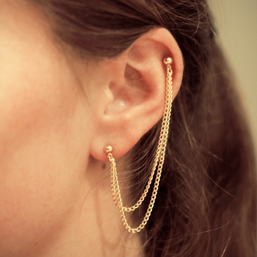 ゴールドダブルチェーン ボディピアス 14G 金色 両方 ストレートバーベル 14ゲージ 軟骨 ヘリックス コンク インダストリアル 繋ぐ プレゼント 長さの変更可能 gbbx2xxxxxxxx