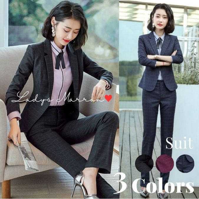大流行の紺スーツ 黒スーツ 赤スーツ レディーススーツ カジュアルスーツ ビジネススーツ セットアップスーツ 女性スーツ スーツ レディース パンツスーツ テーパード 上下セット 3点セット チェック 6,486円