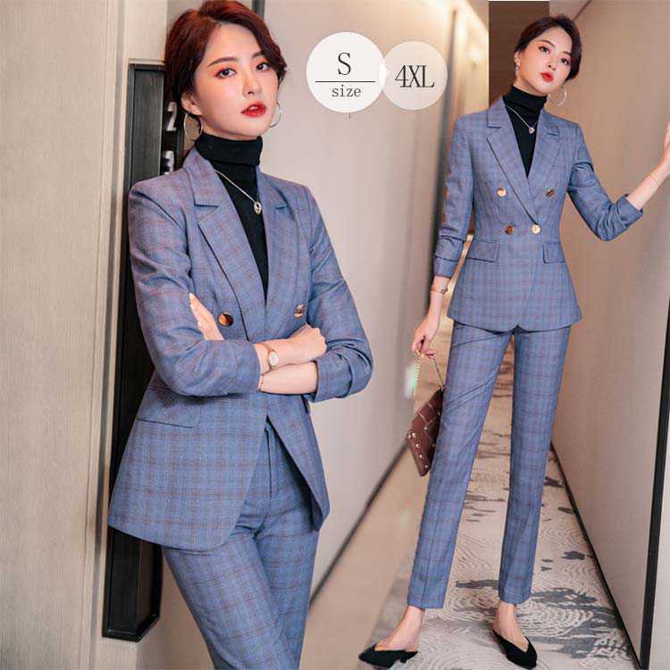 入学式レディースレディーススーツスーツビジネス大人おしゃれ通勤フォーマルオフィスカジュアル春チェックテーラードジャケットジャケットダブルジャケットセットアップ2点セットパンツスーツエレガント大きいサイ