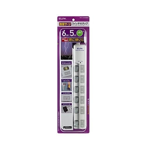 （まとめ買い）LEDランプスイッチ付タップ 耐雷サージ機能付 上挿し 6個口 5m WLS-LU650MB（W） [x3]