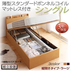 [組立設置料込み]国産 跳ね上げ収納ベッド [Freeda]フリーダ [薄型スタンダードボンネルコイルマットレス付き] 縦開き シングル 深さラージ [フレーム色]ホワイト