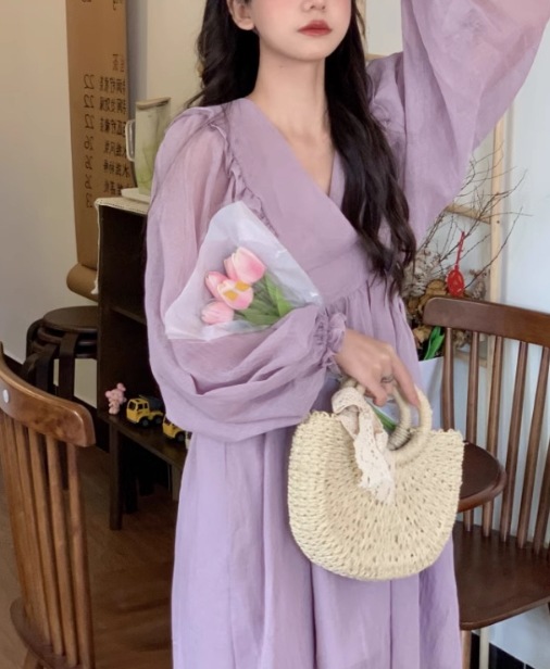 レディース ワンピース シャツワンピ 長袖 ボリューム袖 Vネック フレア セミフレア Aライン 透け感 薄手 かわいい 大人可愛い 上品 おしゃれ こなれ感 ラフ エレガント フォーマル とろみ感