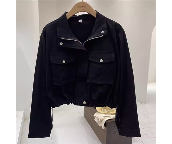 レディース ジャケット アウター 上着 ショート 長袖 襟付き ポロカラー ストレート ファスナー ポケット 前開き 異国風 大人可愛い シンプル カジュアル おしゃれ かっこいい レトロ こなれ感 5,378円