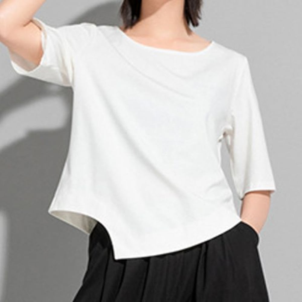 [UNIKE] シルケットショートヘムウェーブショートスリーブTシャツ