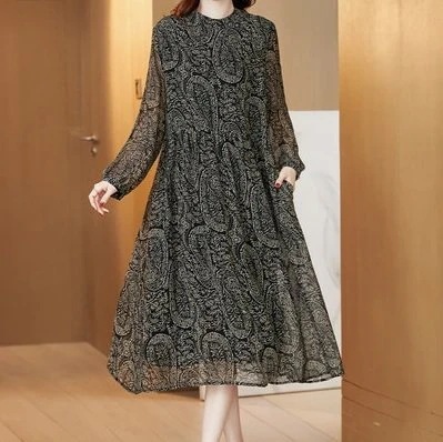 【急速出荷】ボタニカル ワンピース ワンピ Aライン フレア シフォン ミドルウエスト 長袖