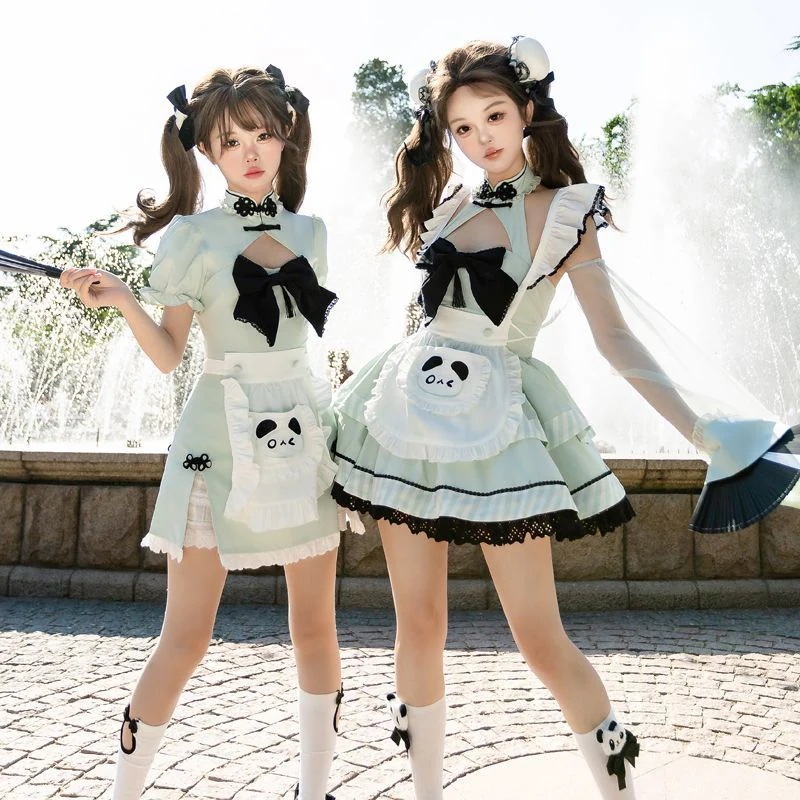 ロリータ 二次元 ロリータ改良チャイナドレス ワンピース+エプロン 二点セット 可愛 いメイド服