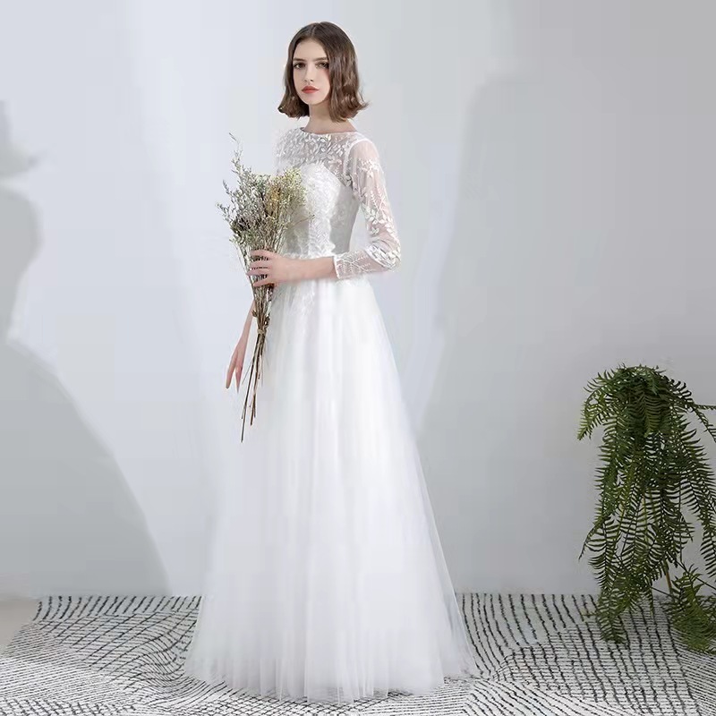 ウエディングドレス Aラインドレス花嫁 ウェデイングドレス 二次会 ブライダル ロングドレ ス結婚式 挙式 長袖 シンプル 白 レース 大人気 パーティー