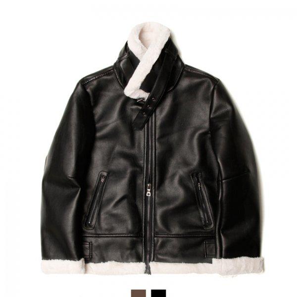 メンズ冬フリース裏地起毛カラージッパーレザージャケットDMES-JUW-STS14244340
