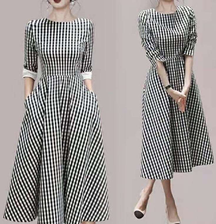 ワンピース ひざ丈ワンピ 五分袖 チェック柄 フレア ワンピ 爽やか 爽やか レトロ 着痩せ トレンド デート服 モテ服 脚長効果 美脚 動きやすい 韓国 かわいい 可愛い リラックス きれいめ lo