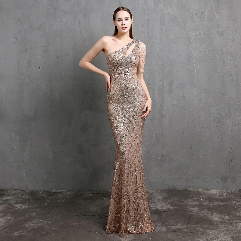 全6色 マーメイドドレス イブニングドレス ゴールド 黒 キラキラドレス スパンコール 発表会ドレス ロングドレス ワンショルダー ビーズ フリンジ オシャレ キレイめ 白 ワイン赤 シルバー ネイビ