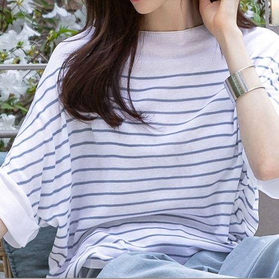 トップス カットソー Tシャツ ミディアム丈 プルオーバー 袖付き 5分袖 襟なし ラウンドネック かわいい 大人可愛い シンプル カジュアル 大人 上品 おしゃれ お洒落 かっこいい レトロ