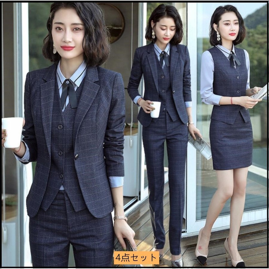 チェック柄 パンツスーツ スーツレディース 4点セット 入学式 卒園式 卒業式 就職活動 スカートス